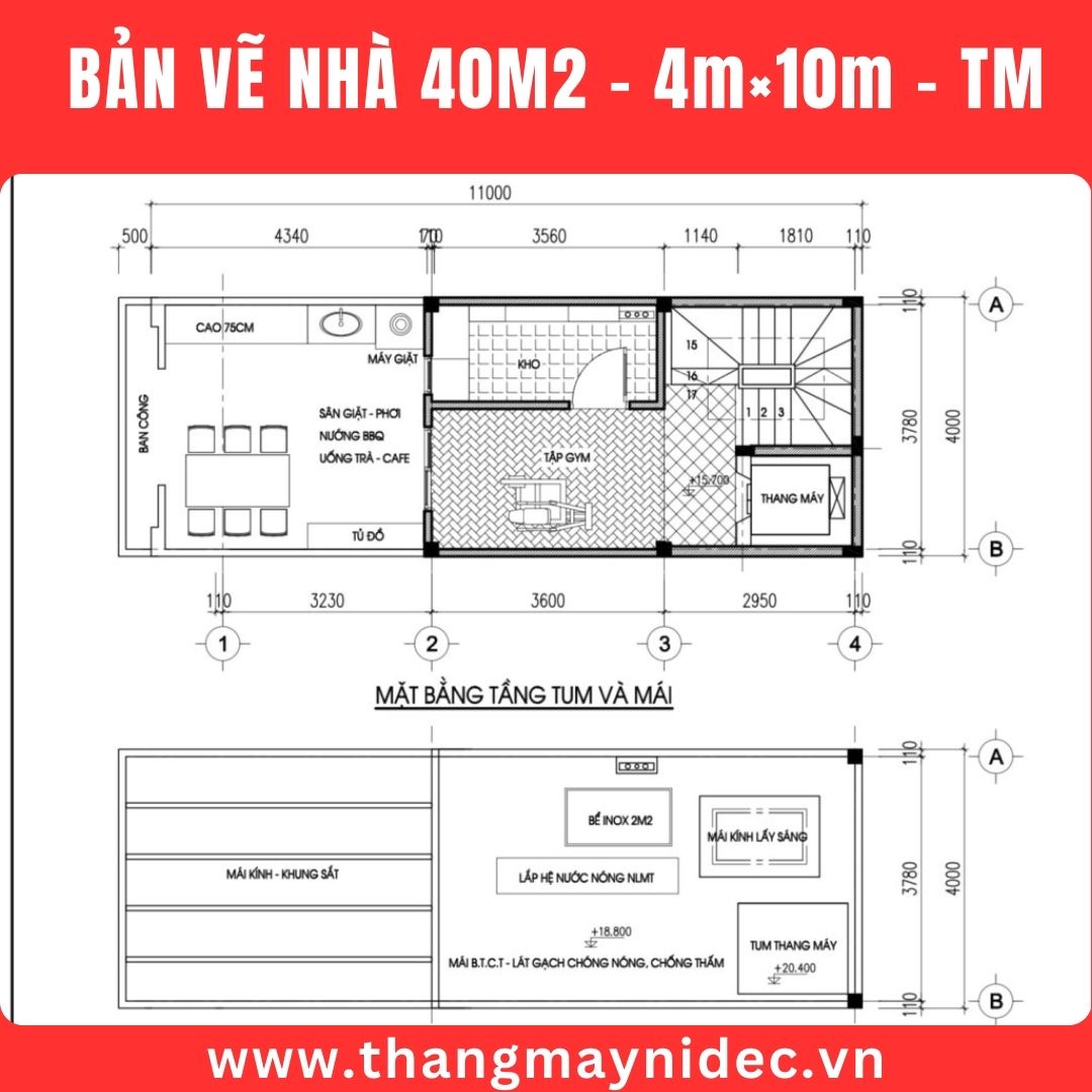 Thang máy gia đình cho nhà 40m2 tầng mái