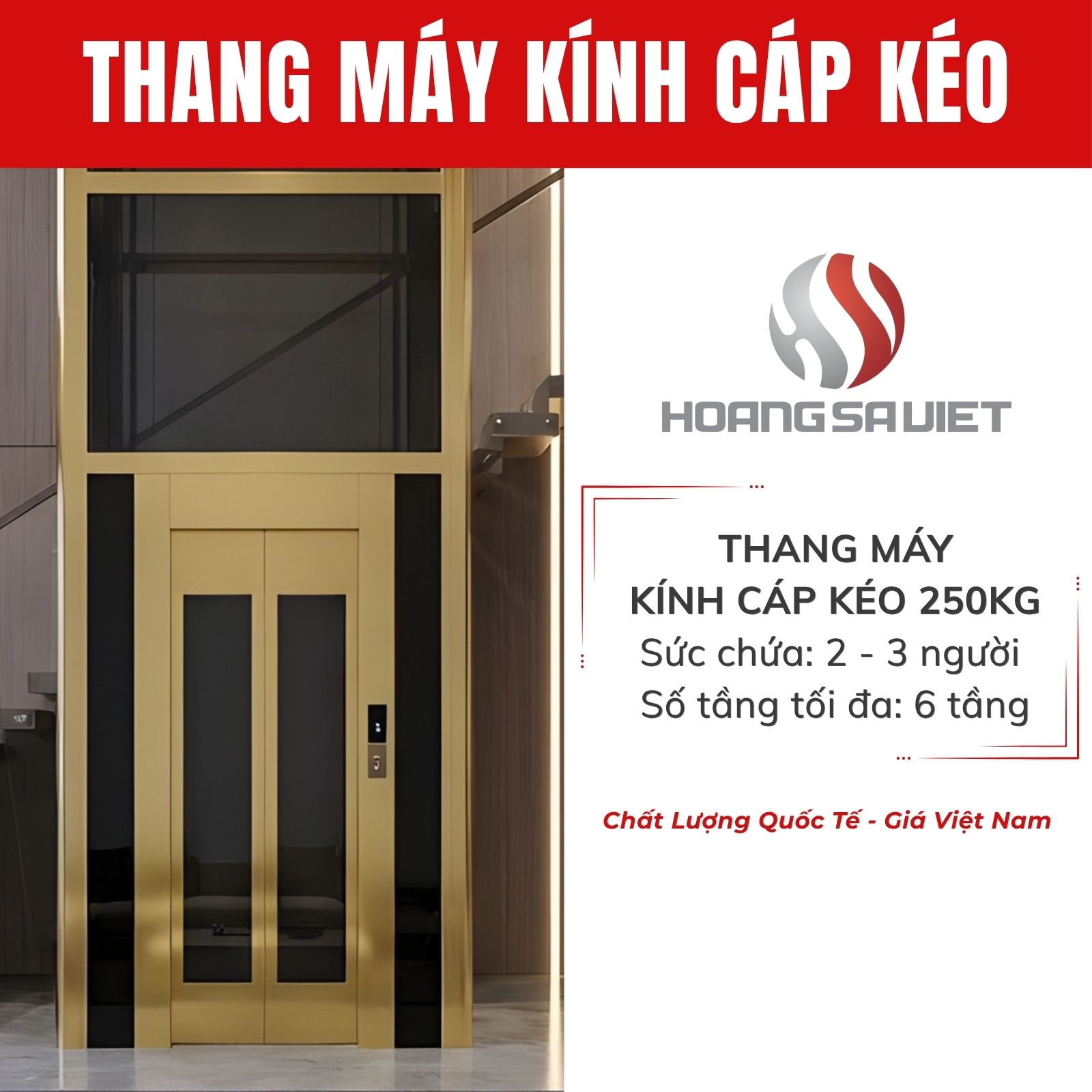 Thang máy kính trong nhà 250kg (cáp kéo)