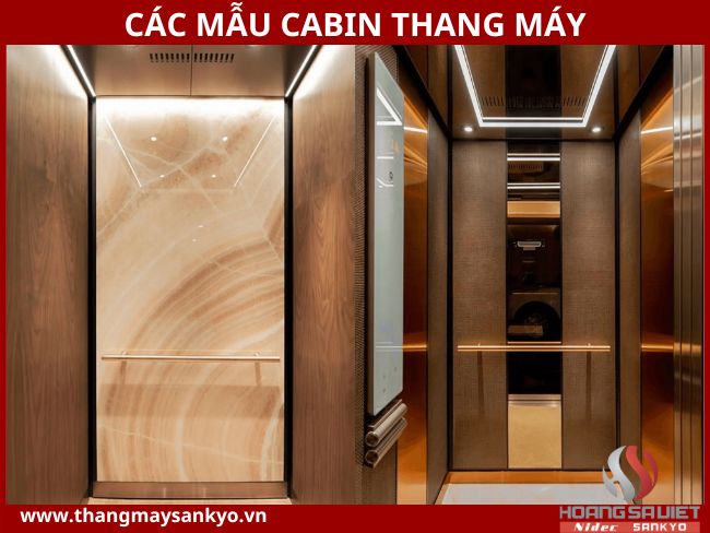 Cabin thang máy tự nhiên với ốp gỗ và đèn chiếu sáng ấm áp