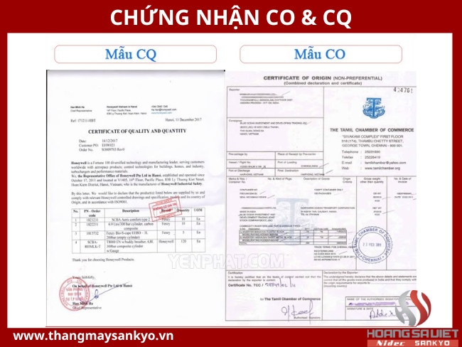 CO and CO certificates of joint venture elevator components