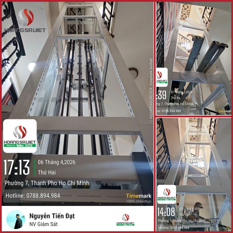 Đội ngũ kỹ thuật NOVALIFT thi công lắp ráp hệ khung thép lọt lòng khu vực khe cầu thang bộ chật hẹp