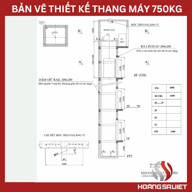 thiết kế thang máy 750kg
