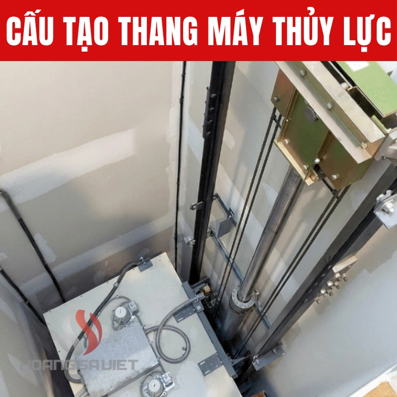The detailed structure of a real hydraulic elevator shows the strong connection between the cabin and the hydraulic cylinder.